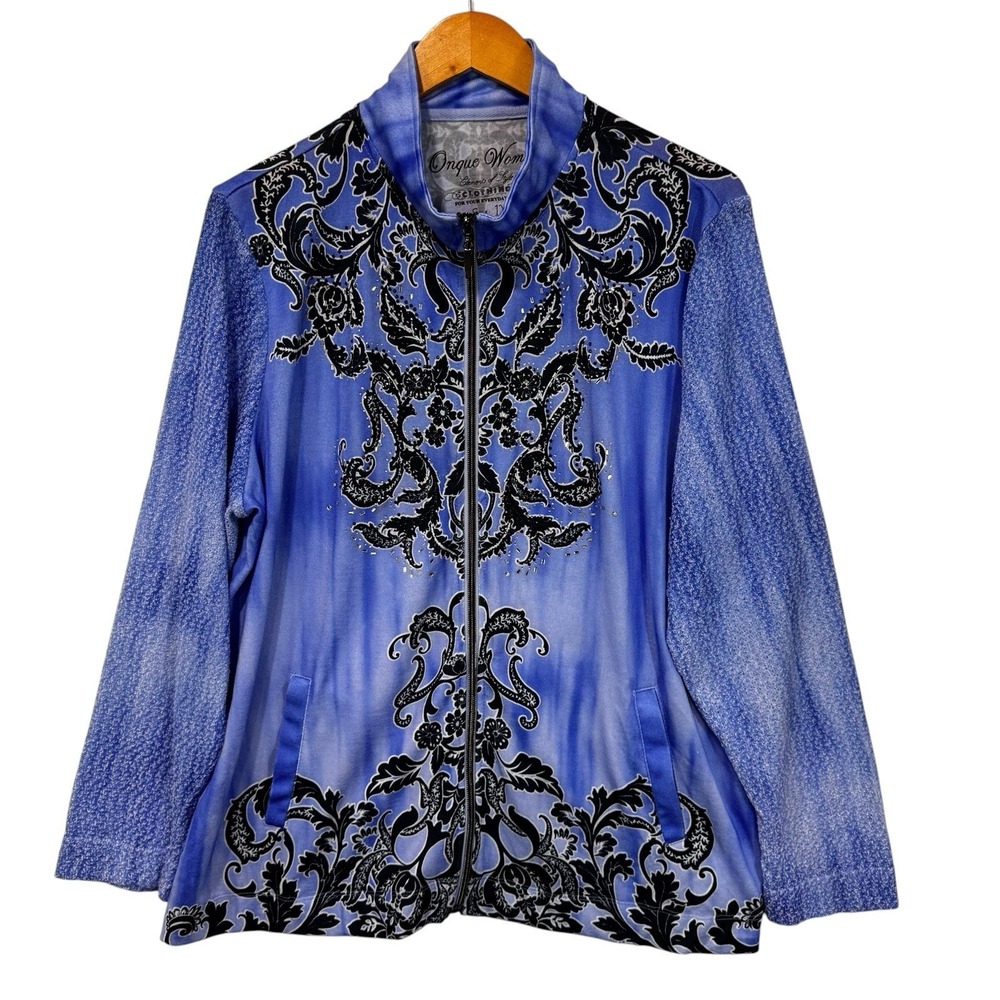 Onque Woman Jacket Women's 1X Blue Baroque Rhinestone Zip Front Lightweight